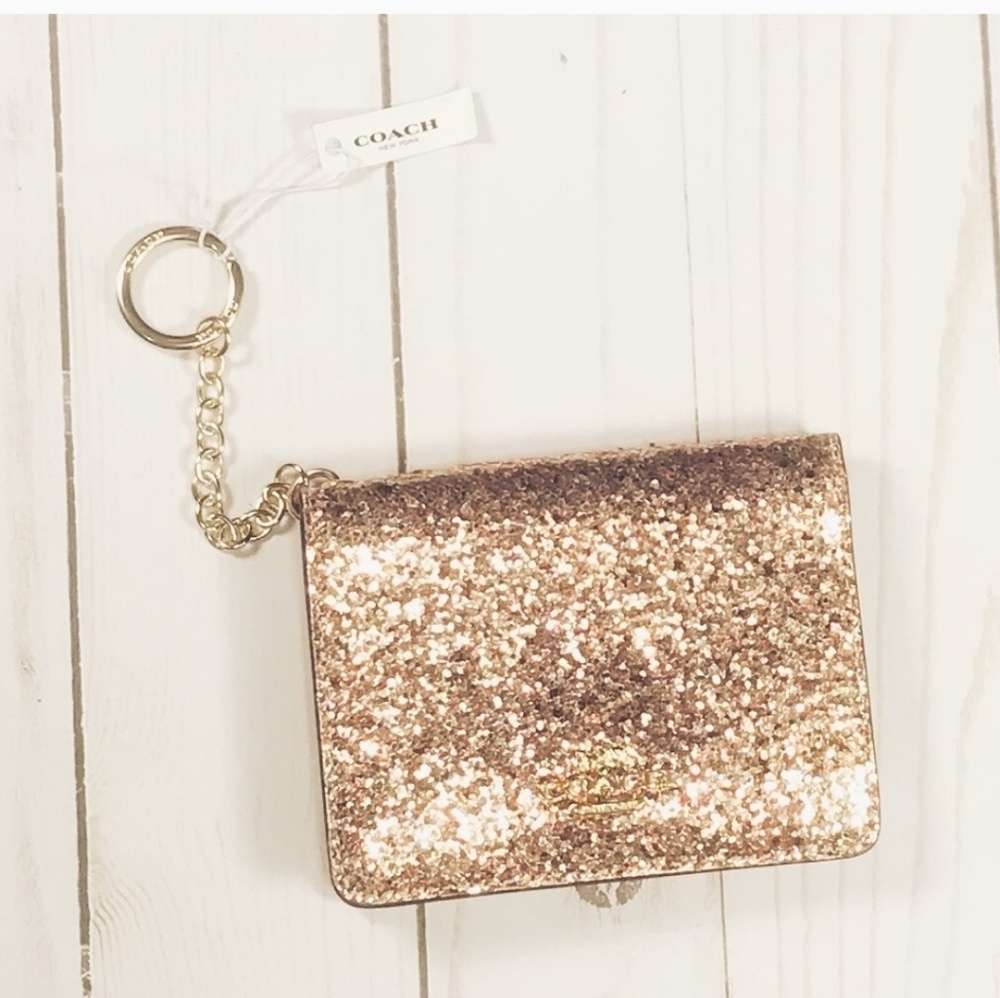Coach Card and Key Holder in Gold Glitter
